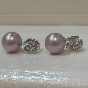 Elegant Pink Pearl Earrings with Silver Rose Accents